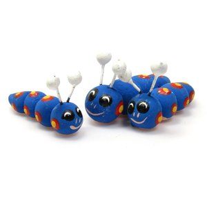 Handmade Inch Worm Family Miniature Clay Figurines Blue Set of 3